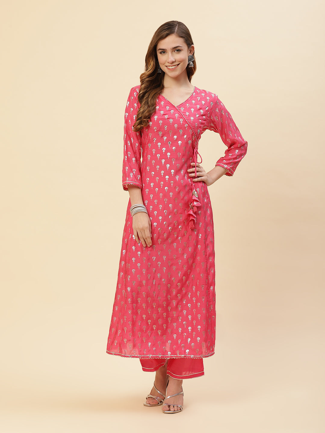 Cotton Muslin Zari Work Angrakha Kurti With Pant