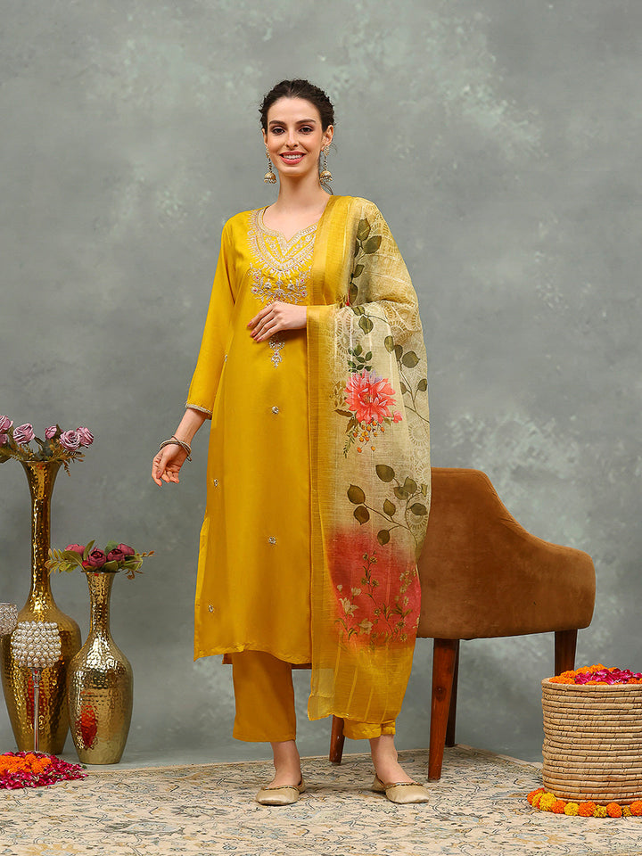 Embroidery Cotton Blend Kurta With Pants &amp; Dupatta