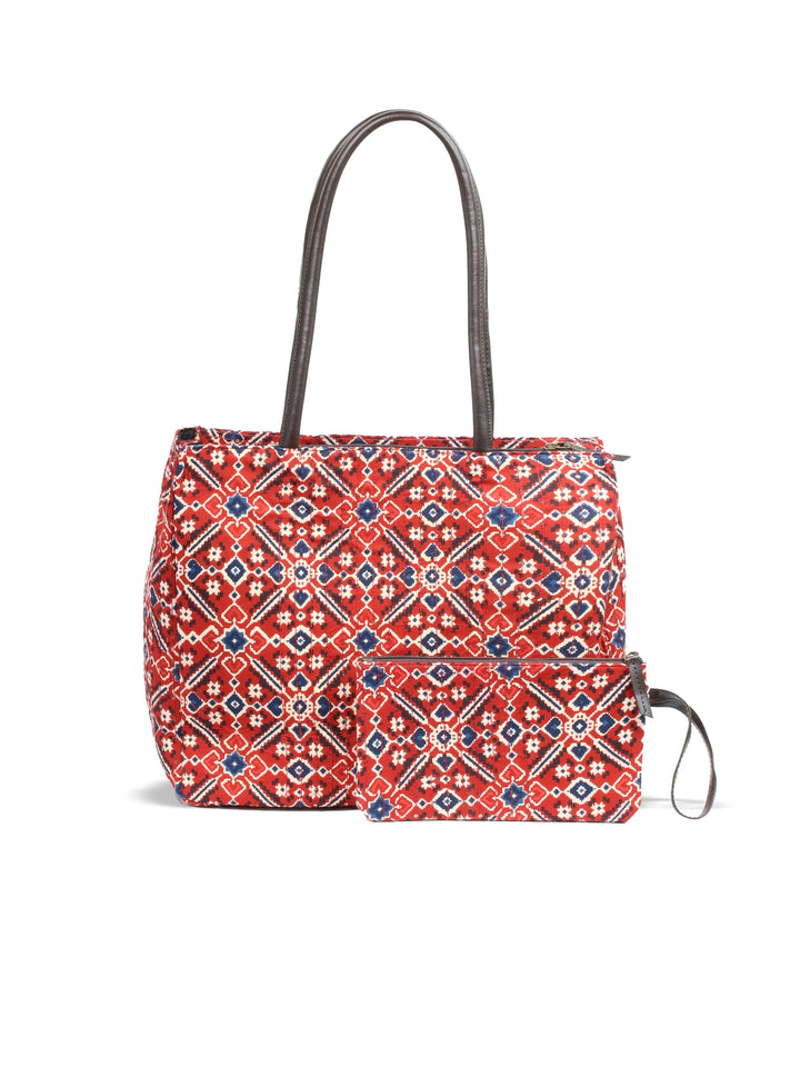 Maroon &amp; Navy Blue Printed Cotton Handbag With Pouch