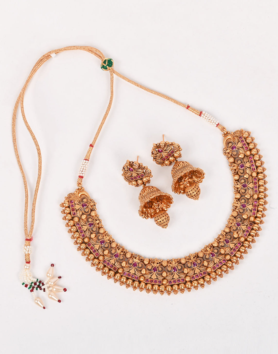 Gold Plated Colored Stone Necklace Set With Earrings