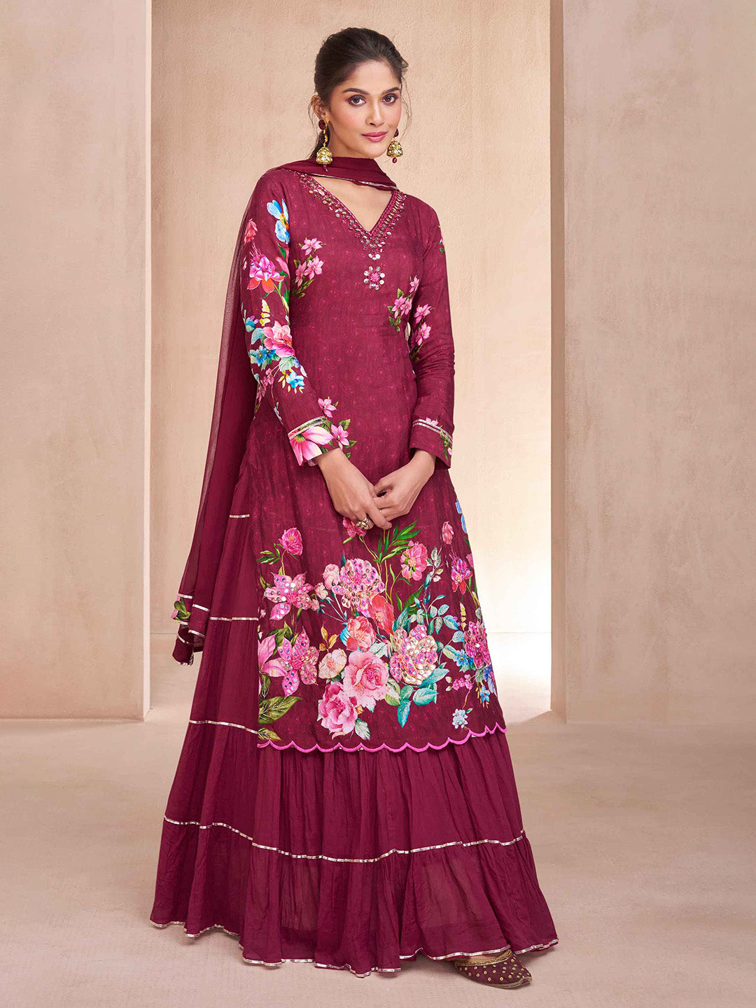 Embroidered Muslin Kurta With Plazzo &amp; Dupatta