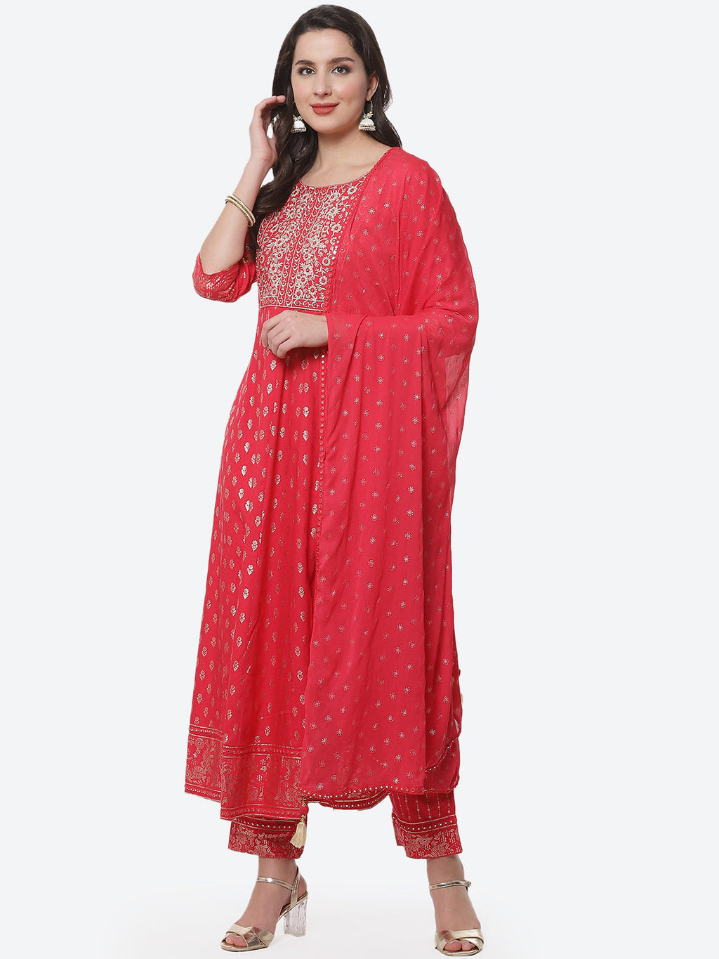 Printed Zari Neck Cotton Stitched Anarkali Salwar Kameez With Chiffon Dupatta