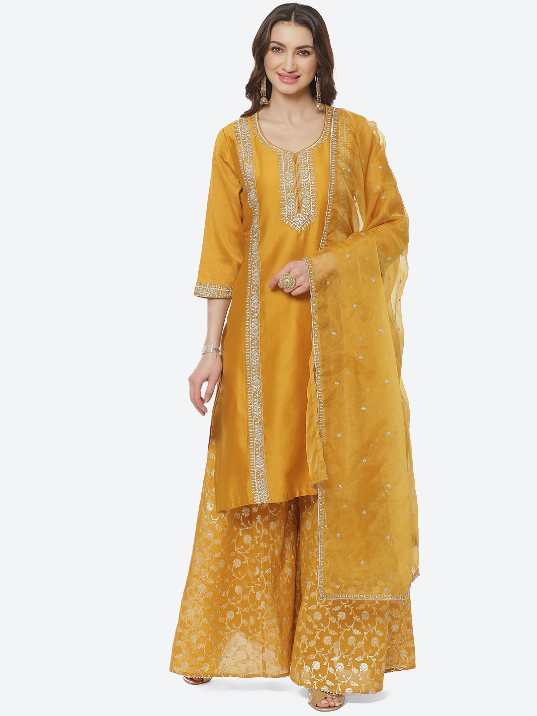 Embroidered Zari Cotton Stitched Salwar Kameez With Organza Dupatta