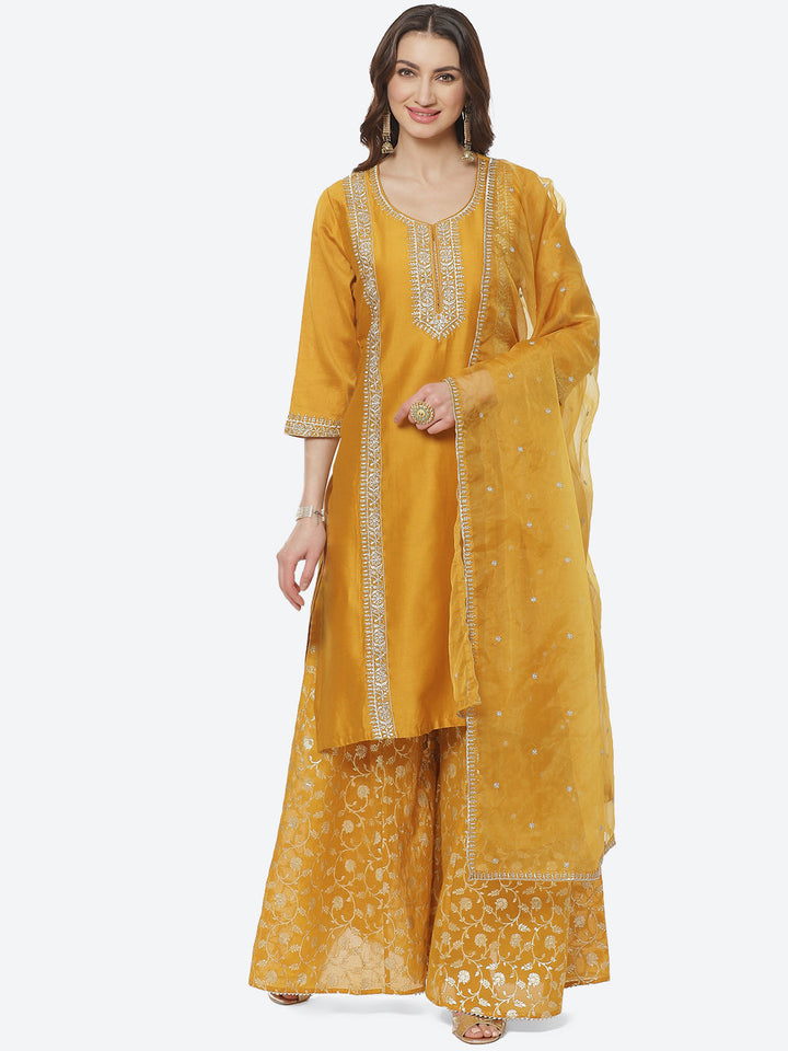 Embroidered Zari Cotton Stitched Salwar Kameez With Organza Dupatta