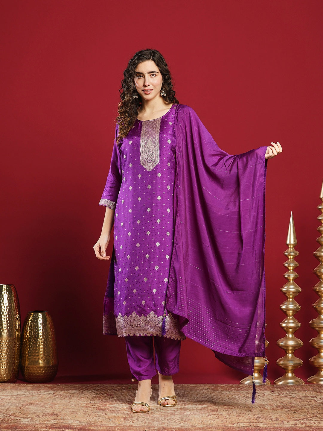 Embroidered Cotton Kurta With Pant &amp; Dupatta