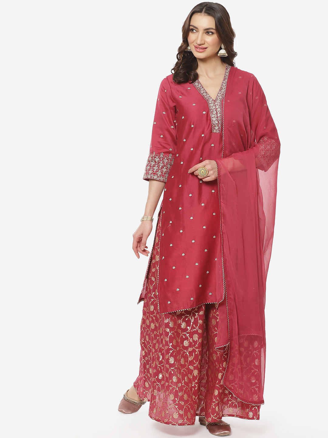 Zari Booti Embroidered Cotton Chanderi Stitched Salwar Kameez With Chiffon Dupatta