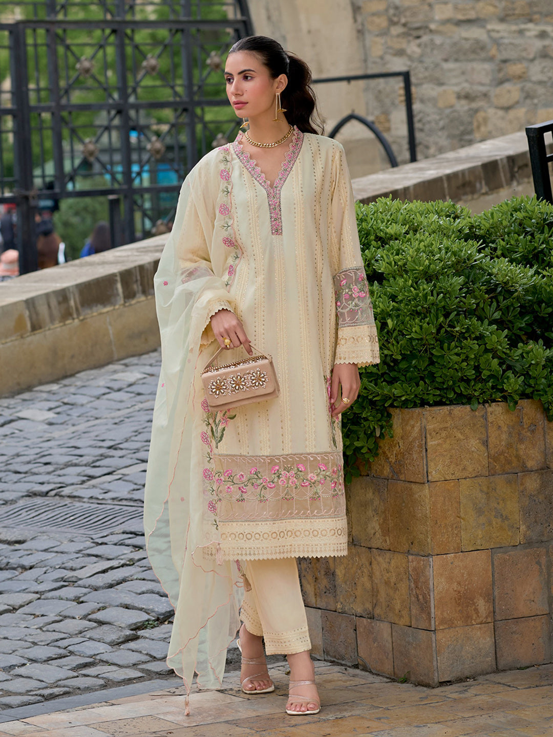 Embroidered Cotton Kurta With Pant &amp; Dupatta