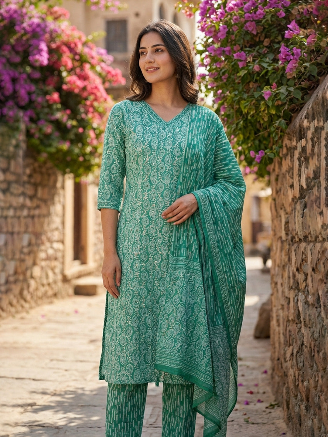 Printed Cotton Blend Suit With Pant &amp; Dupatta
