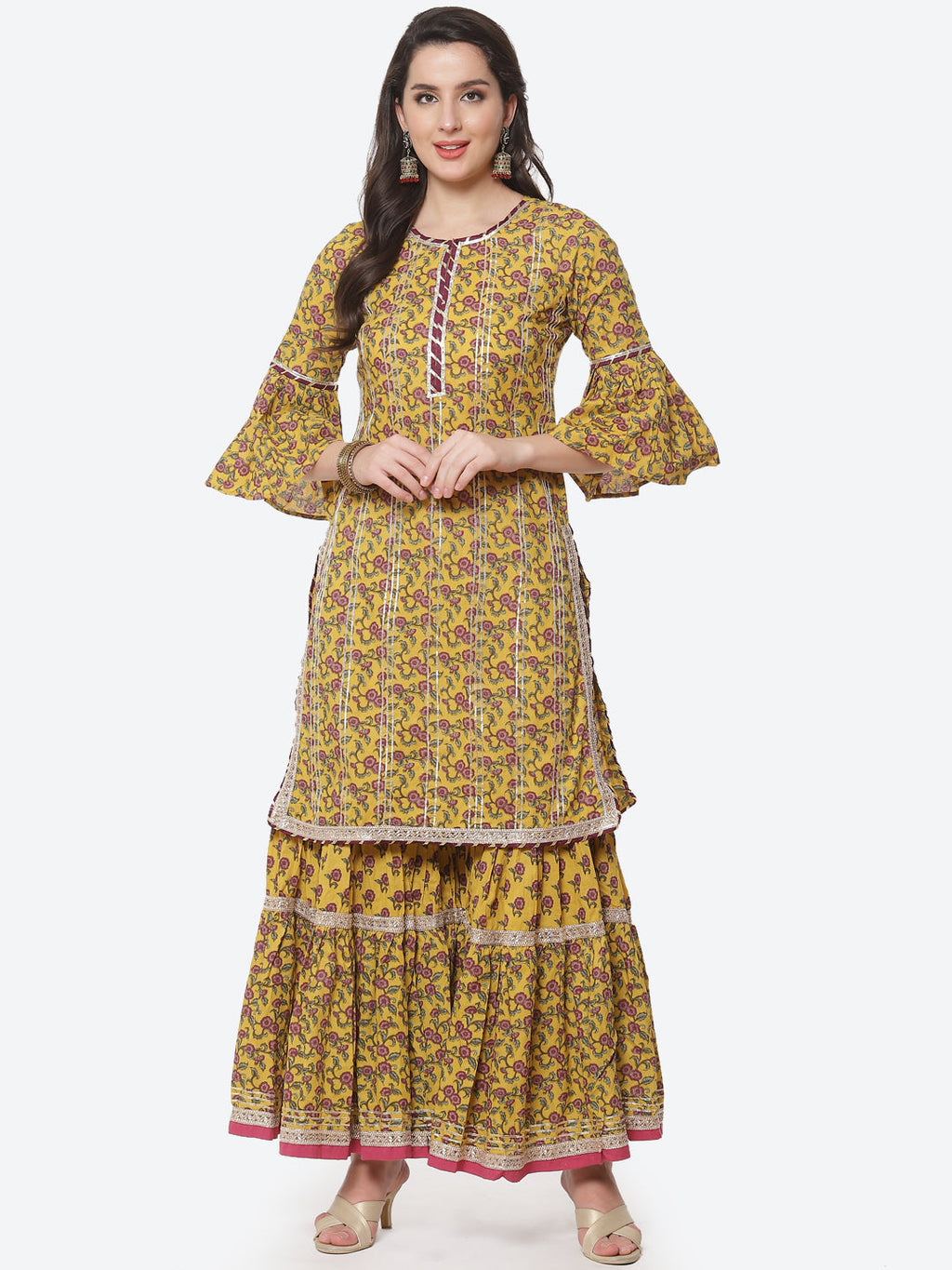 Floral Printed Gota Work Cotton Kurti With Sharara