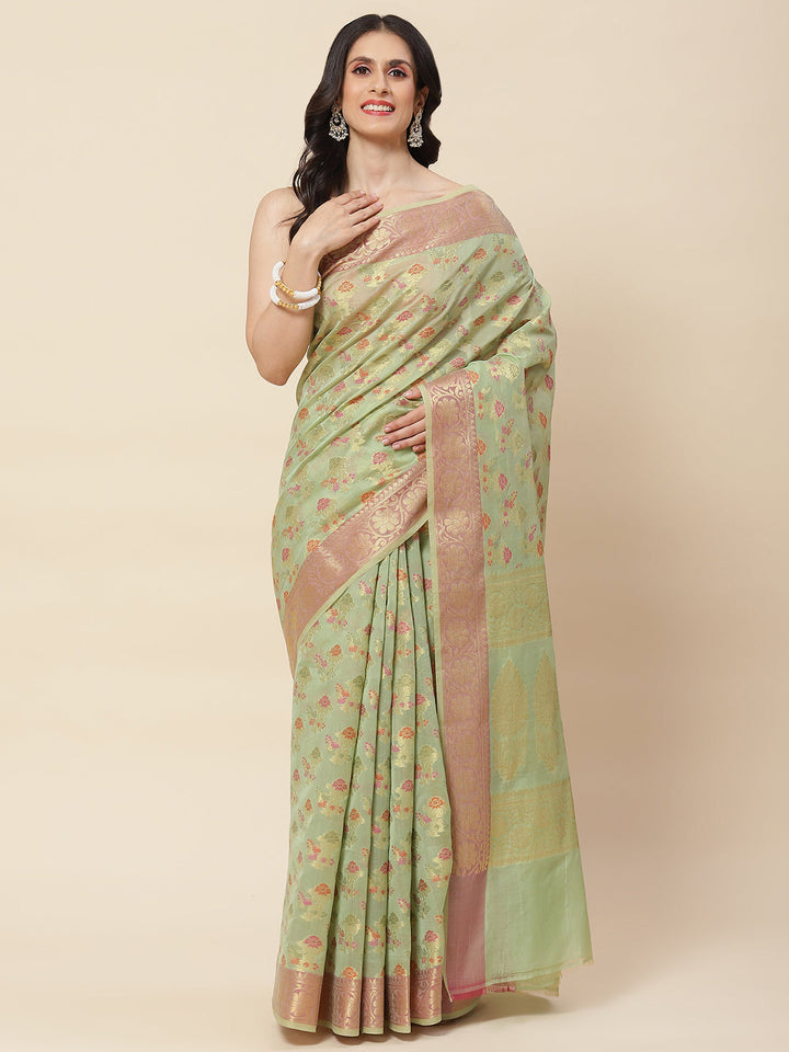 Plain Zari Booti Woven Cotton Saree