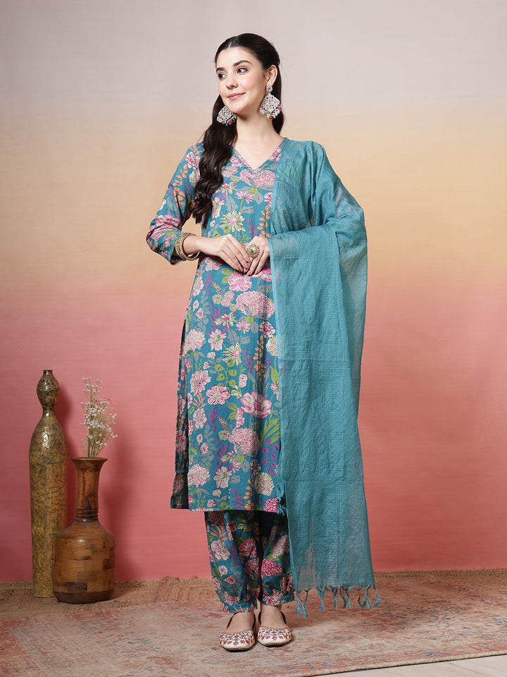 Embroidered Cotton Kurta With Pant &amp; Dupatta