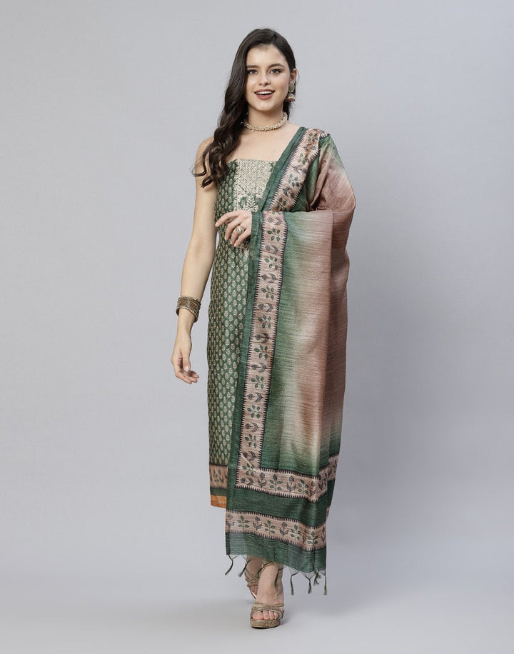Printed Chanderi Suit Piece With Embroidered Yoke