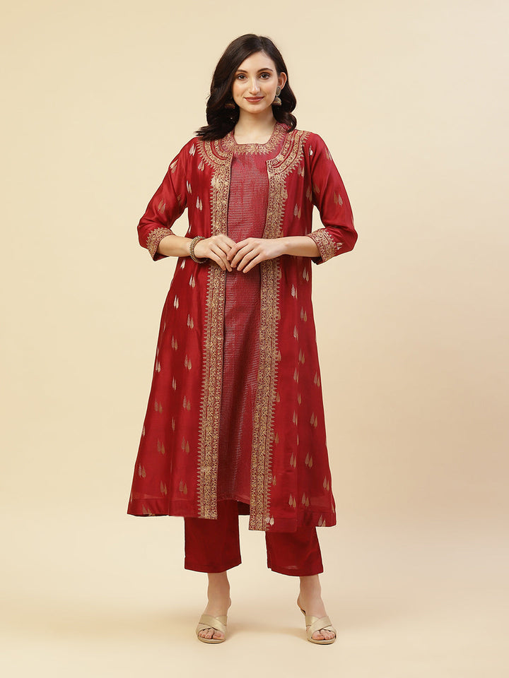 Embroidered Chanderi Kurti With Jacket And Pant