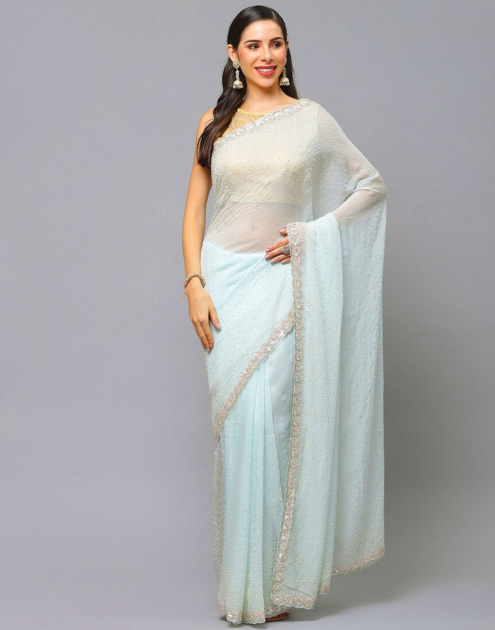 Embroidery Aqua Green and Mauve Saree