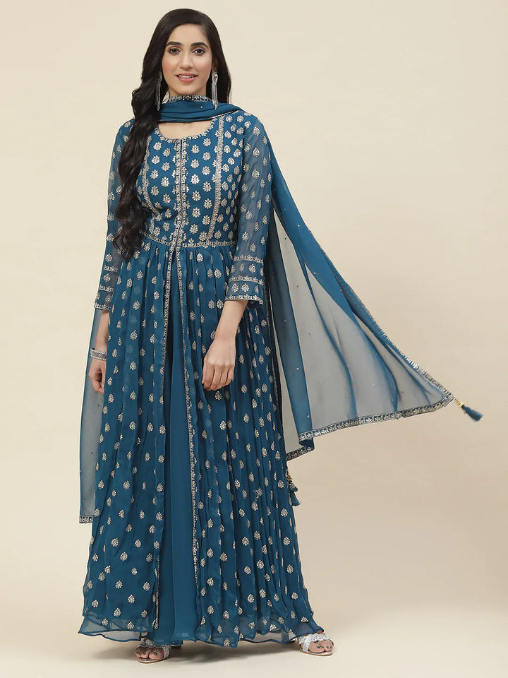Sequin Embroidered Georgette Kurta With Sharara &amp; Dupatta