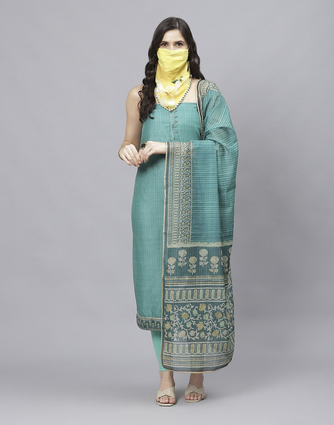 Printed Chanderi Suit Piece With Chanderi Dupatta And Scarf
