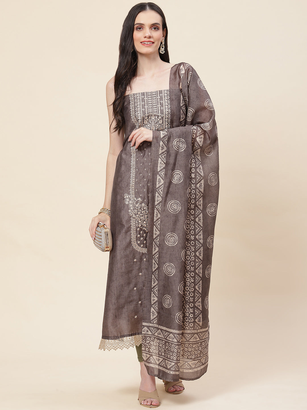 Embroidered Chanderi Unstitched Suit Piece With Dupatta
