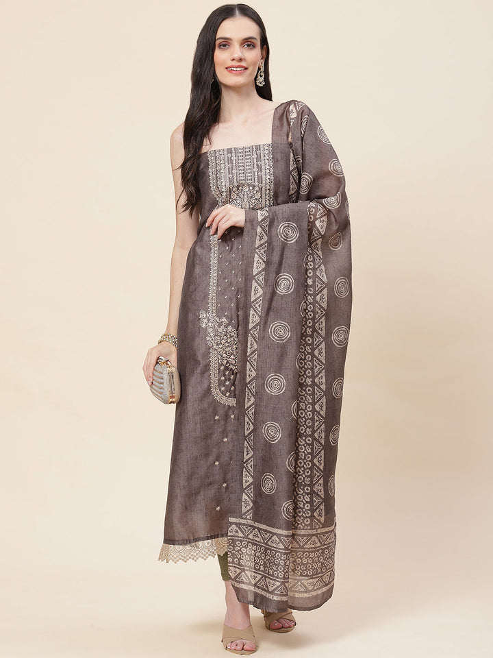 Embroidered Chanderi Unstitched Suit Piece With Dupatta