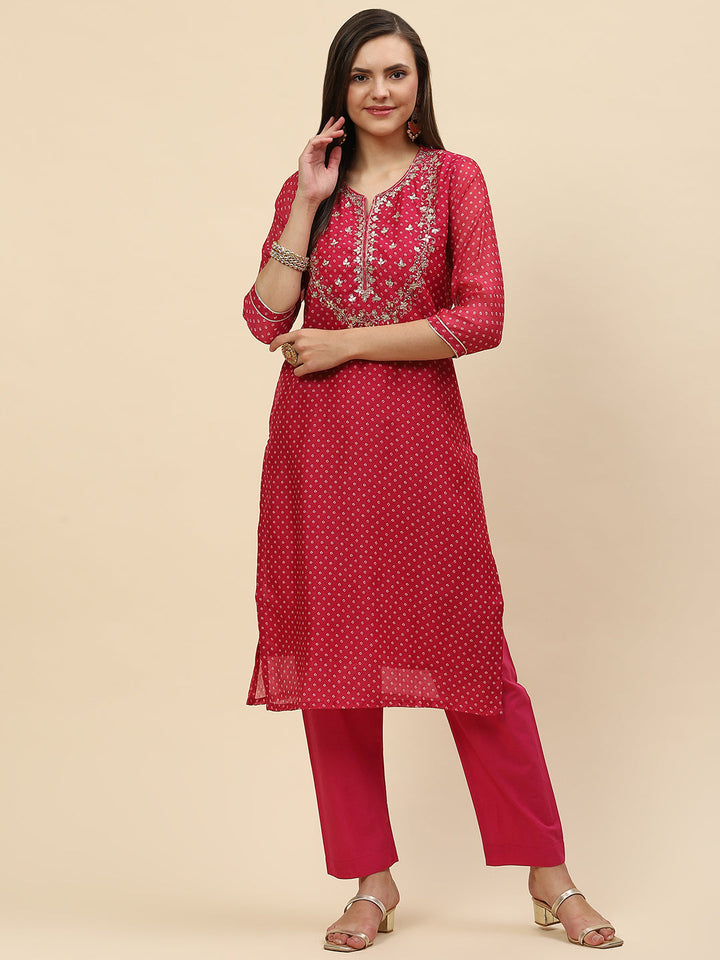 Gota Work &amp; Printed Chanderi Kurta With Pants