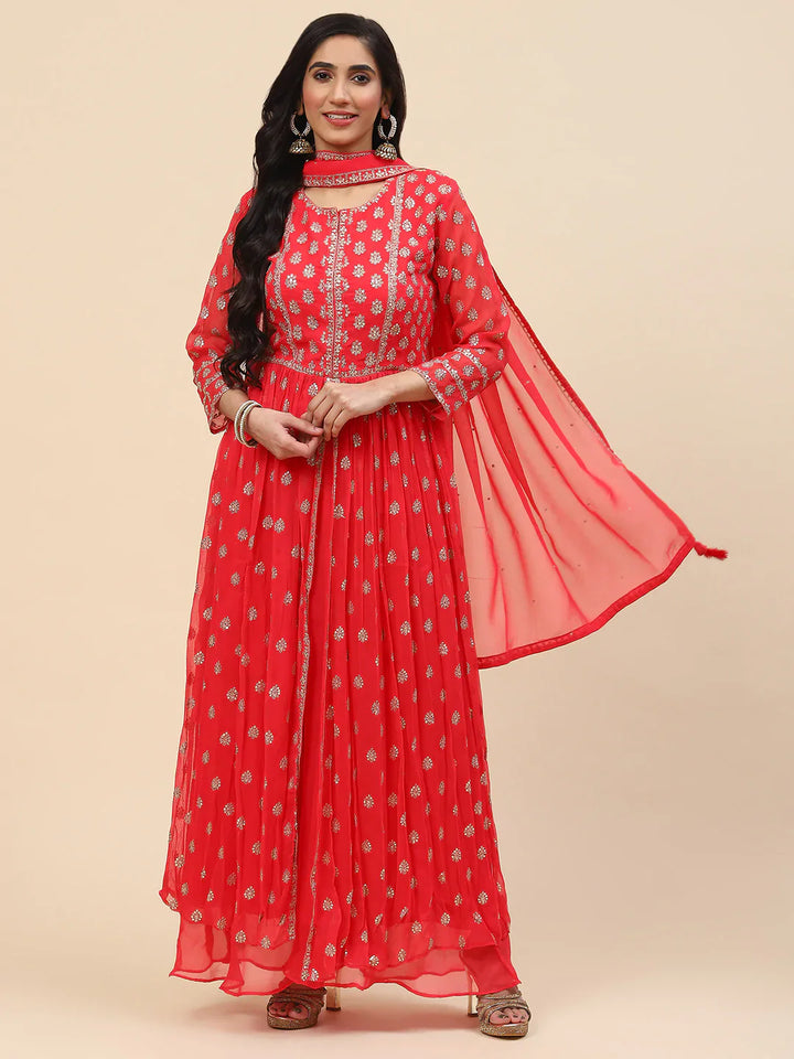 Sequin Embroidered Georgette Kurta With Sharara &amp; Dupatta
