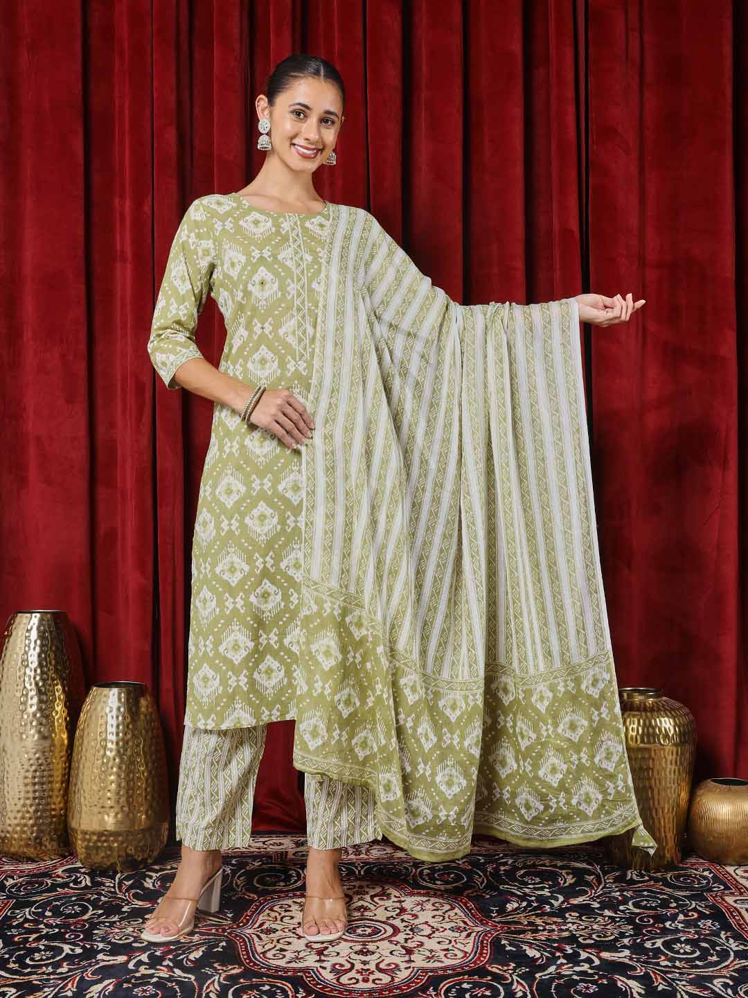 Printed Cotton Blend Kurta With Pants &amp; Dupatta