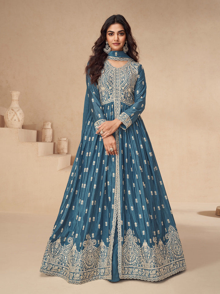 Embroidered Chinon Silk Gown With Plazzo &amp; Dupatta