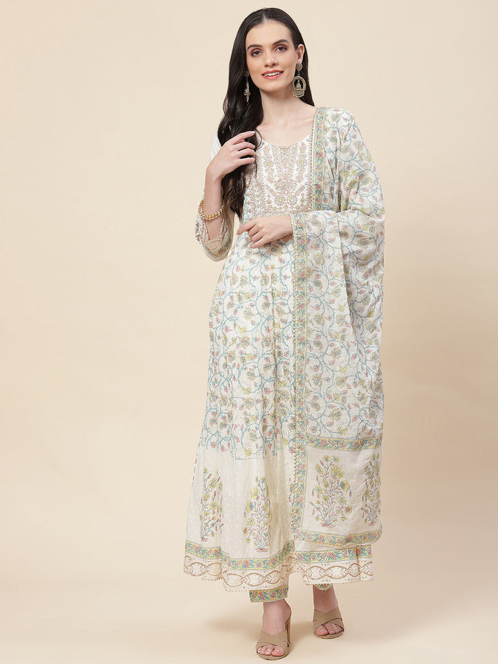 Floral Printed Cotton Kurta With Pants &amp; Dupatta