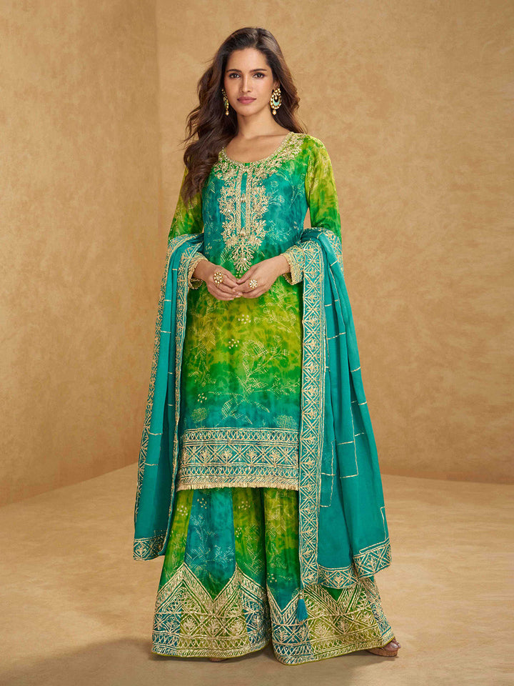 Embroidered Chinon Kurta With Plazzo &amp; Dupatta