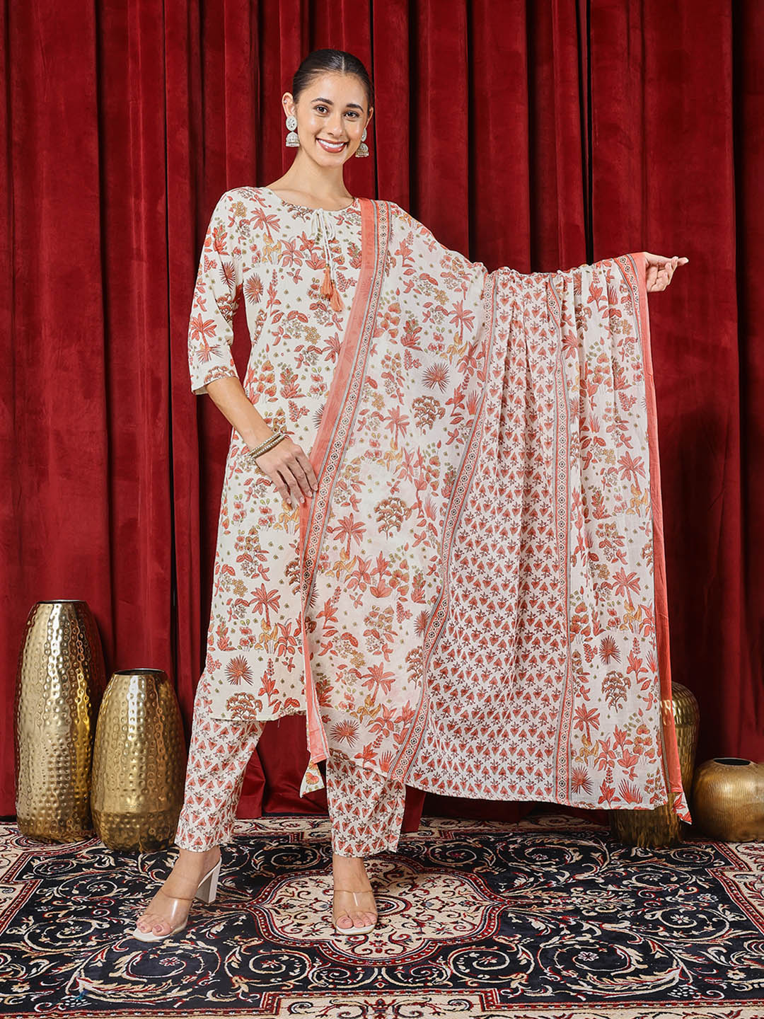 Printed Cotton Blend Kurta With Pants &amp; Dupatta