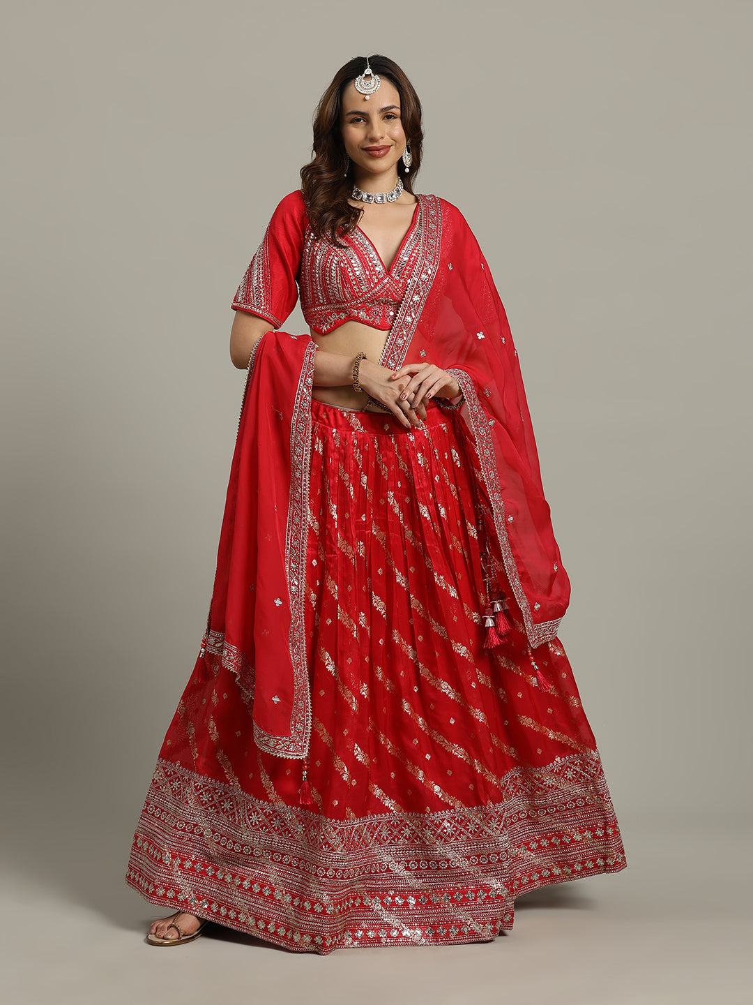 Embroidered Banarasi Choli With Lehenga &amp; Dupatta