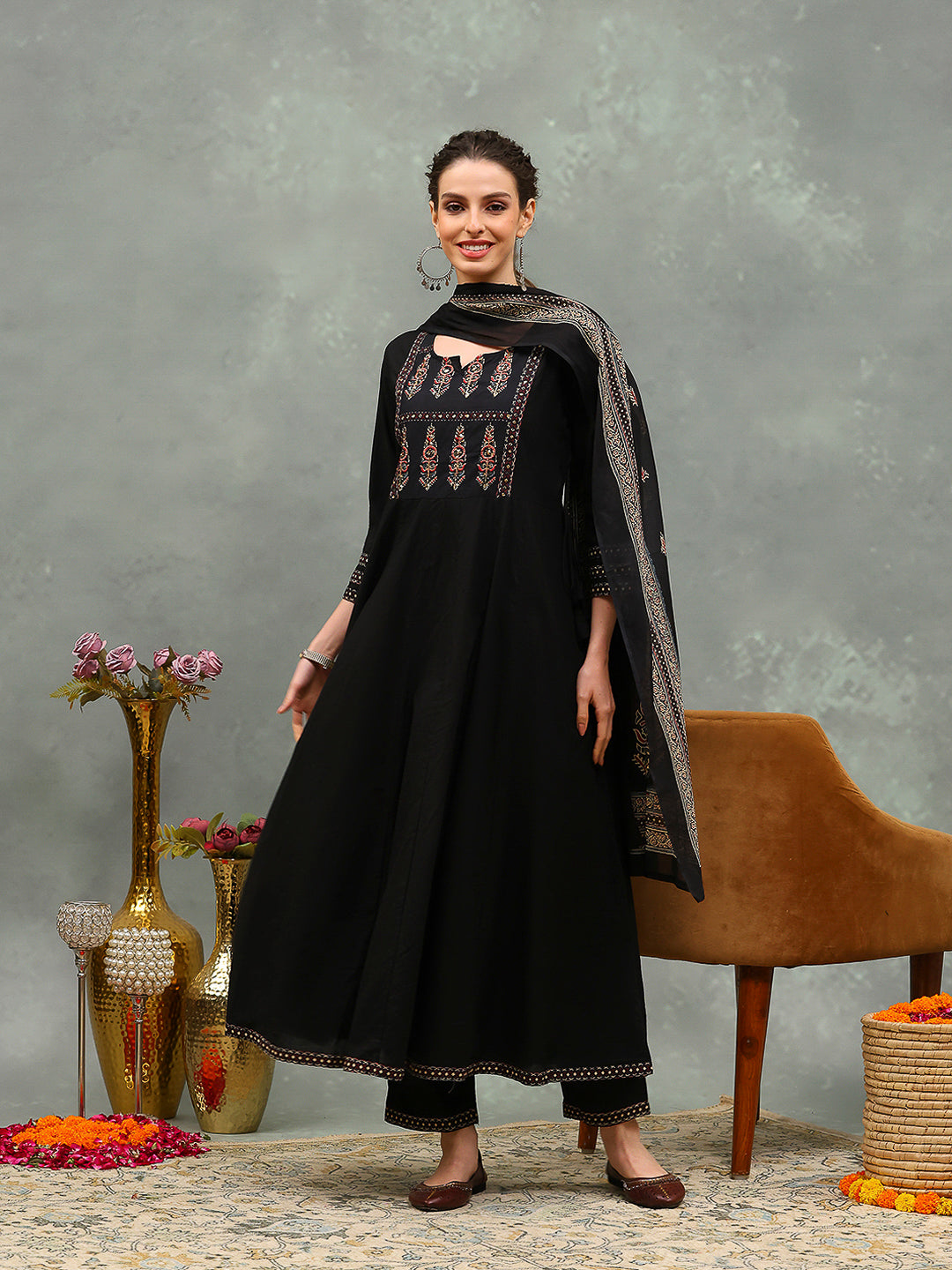 Embroidered Cotton Kurta With Pants &amp; Dupatta