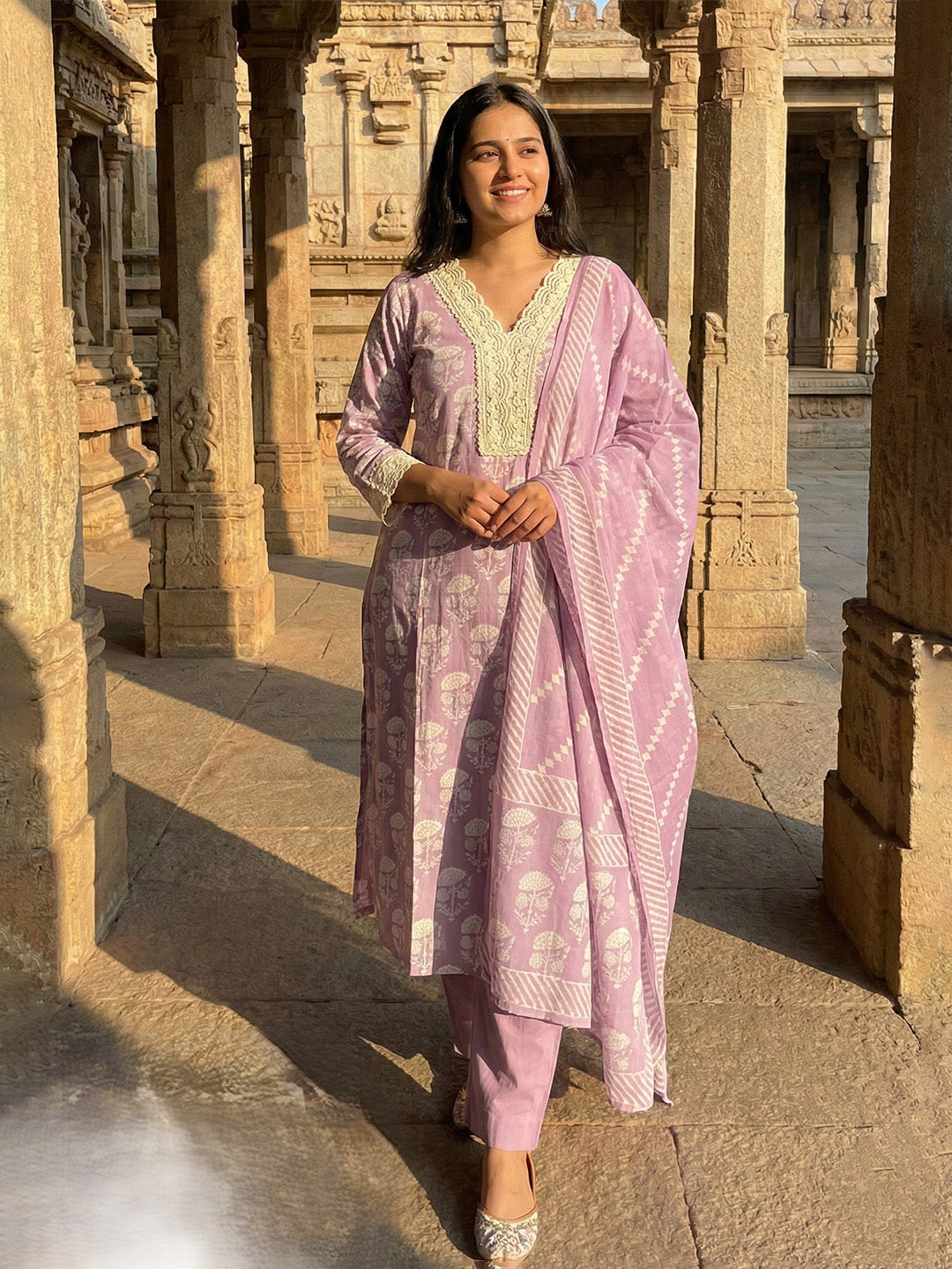 Printed Cotton Blend Kurta With Pant &amp; Dupatta