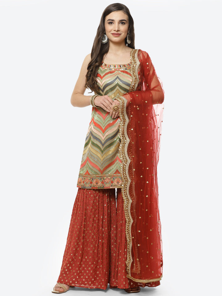 Sequence Georgette Stitched Salwar Kameez With Net Booti Dupatta