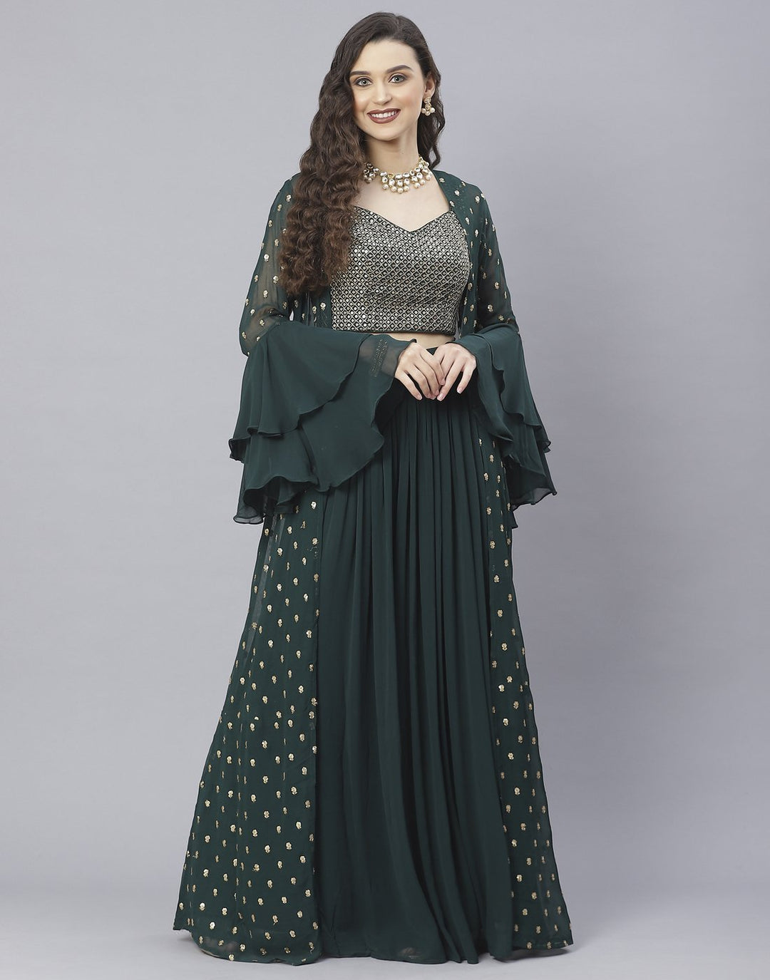 Bottle Green, Wine and Navy Blue Georgette Salwar Kameez with Shrug