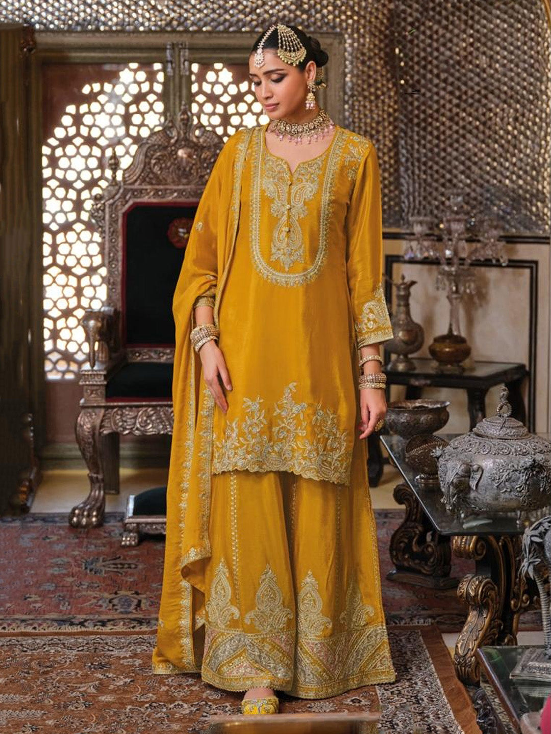 Embroidered Chinnon Kurta With Gharara &amp; Dupatta