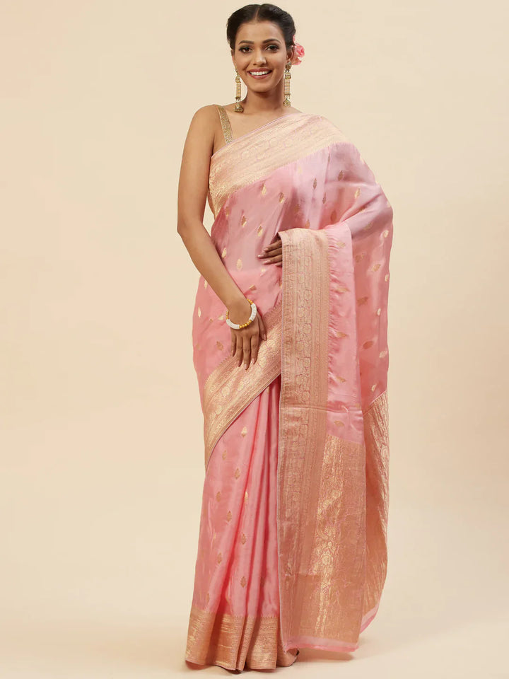 Zari Border Booti Satin Woven Saree