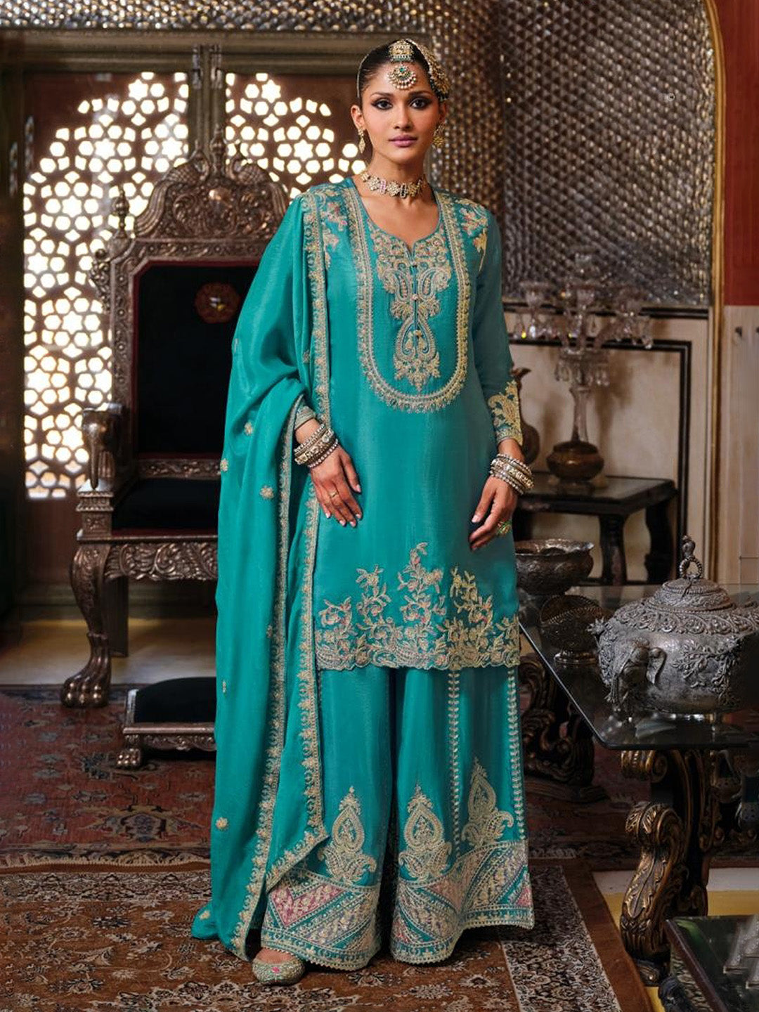 Embroidered Chinnon Kurta With Gharara &amp; Dupatta