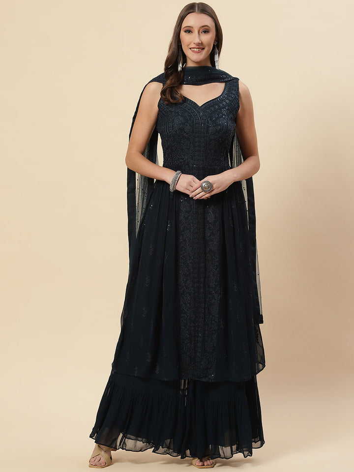Resham Embroidered Georgette Kurta With Palazzo