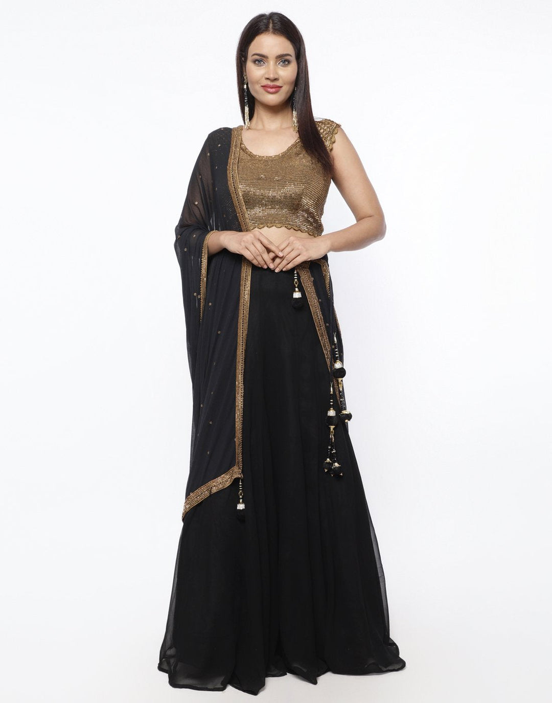 MBZ Meena Bazaar-Black Crochet Georgette Lehenga