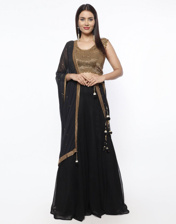 MBZ Meena Bazaar-Black Crochet Georgette Lehenga