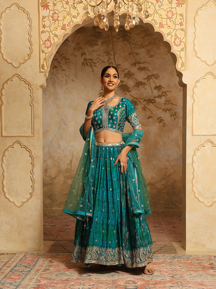 Zari Embroidered &amp; Printed Crepe Choli With Lehenga &amp; Dupatta