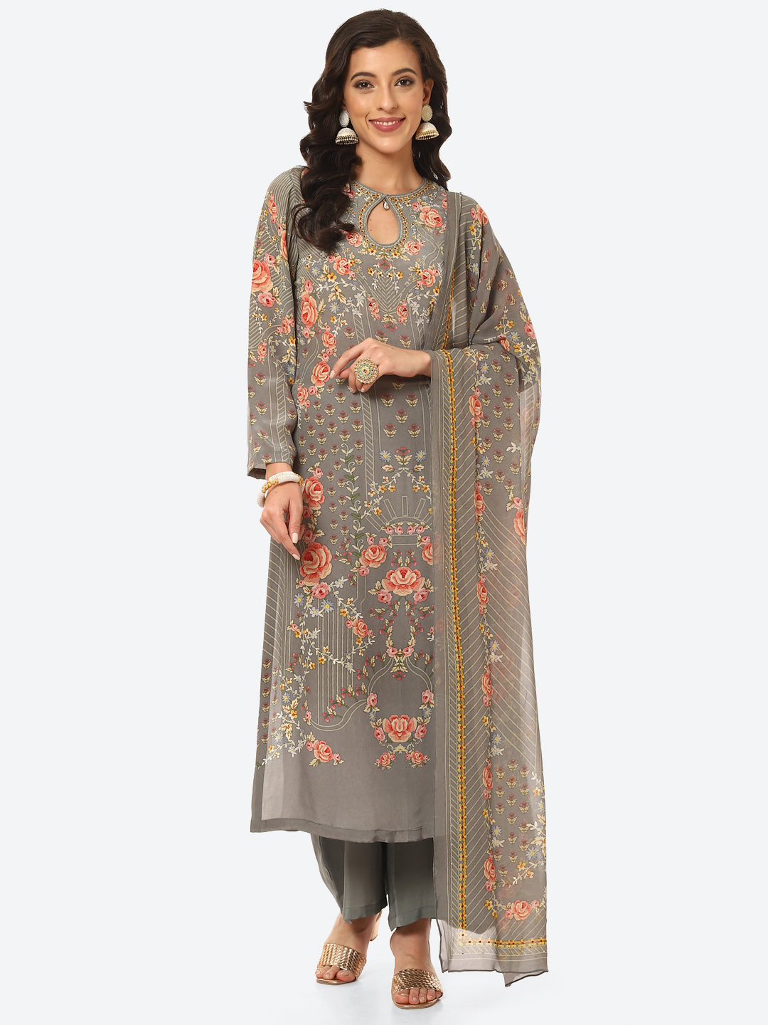 Digital Printed Crepe Kurta With Palazzo &amp; Georgette Dupatta