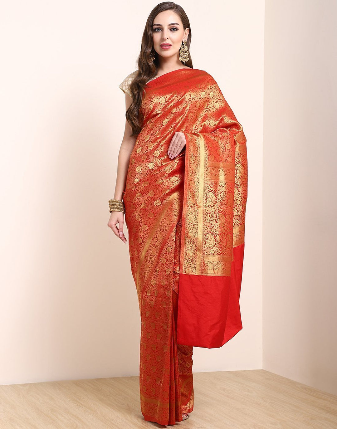 MBZ Meena Bazaar-Red Art Handloom Saree