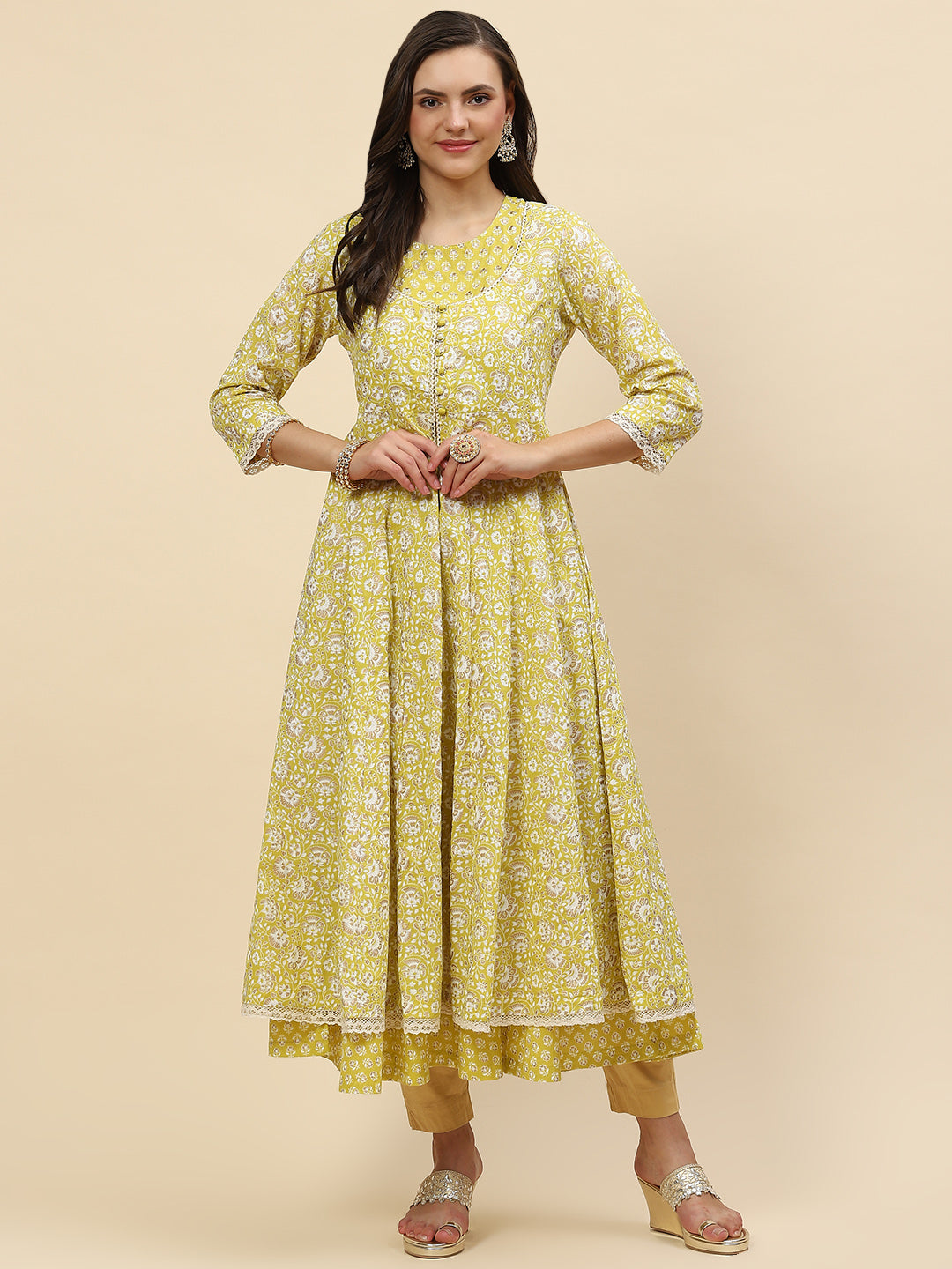 Floral Printed Cotton Anarkali Kurta With Jacket