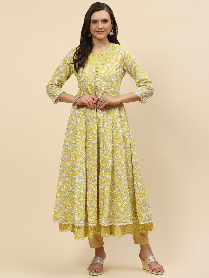 Floral Printed Cotton Anarkali Kurta With Jacket