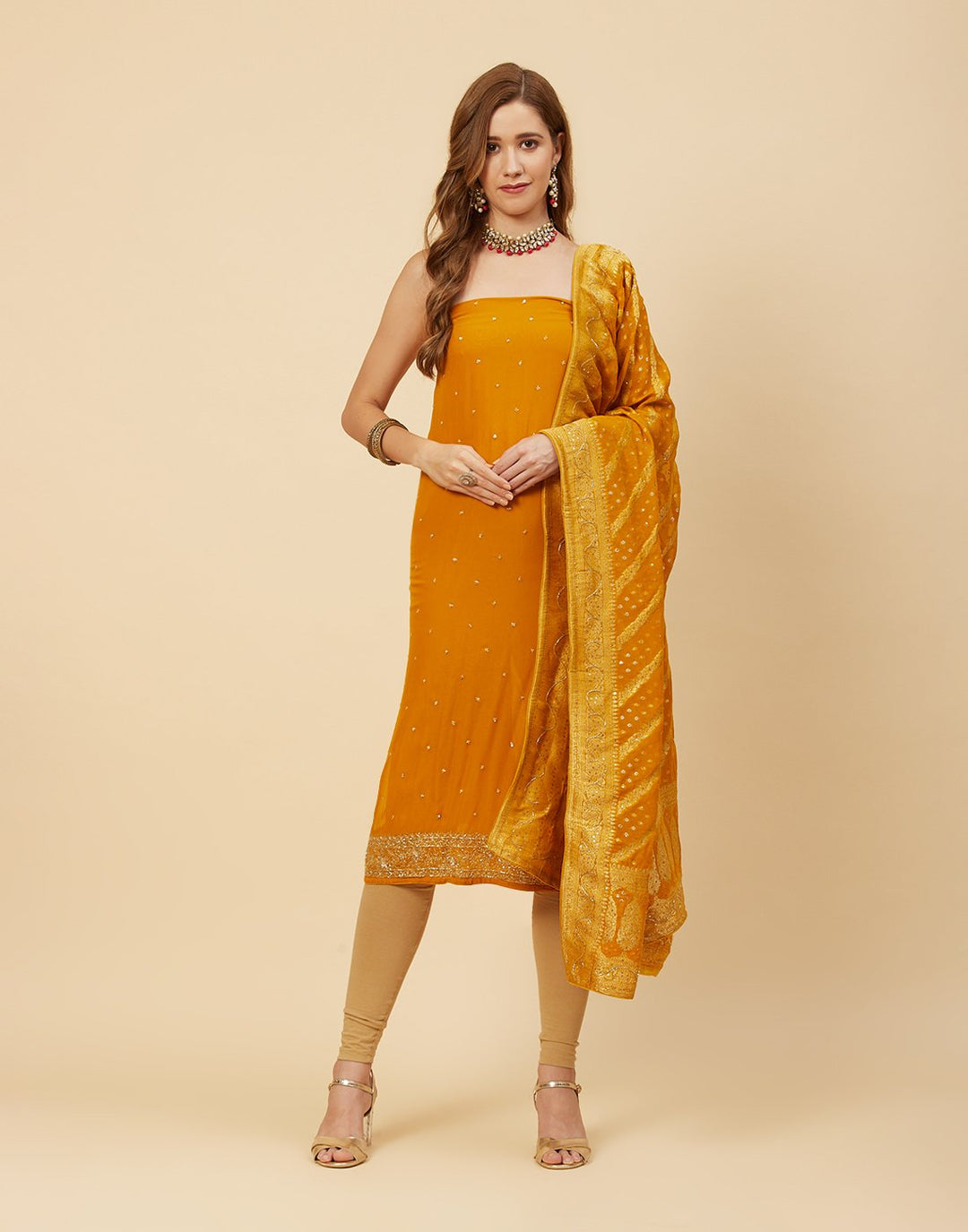 Embroidered Georgette Suit Piece With Bandhini Dupatta