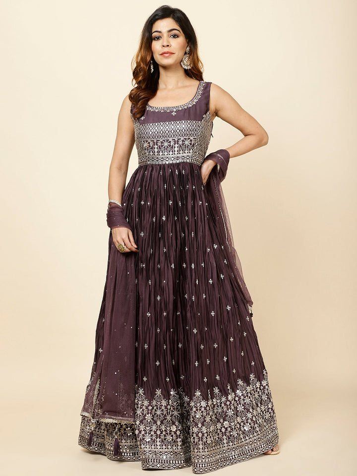 Zari Booti Embroidered Crepe Anarkali Kurta With Dupatta