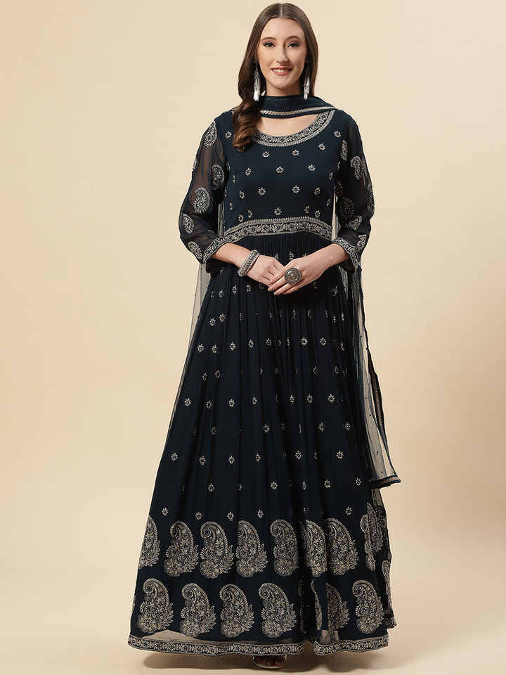 Resham Zari Embroidered Georgette Anarkali Kurta With Churidar &amp; Dupatta