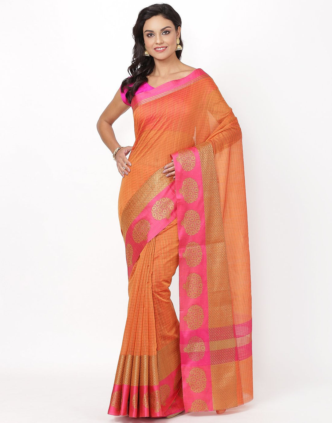 Orange Cotton Woven Saree