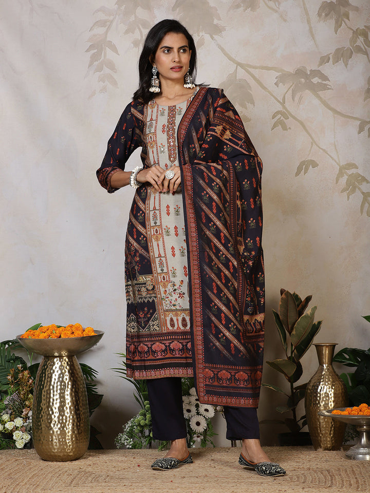 Printed Cotton Blend Kurta With Pants &amp; Dupatta